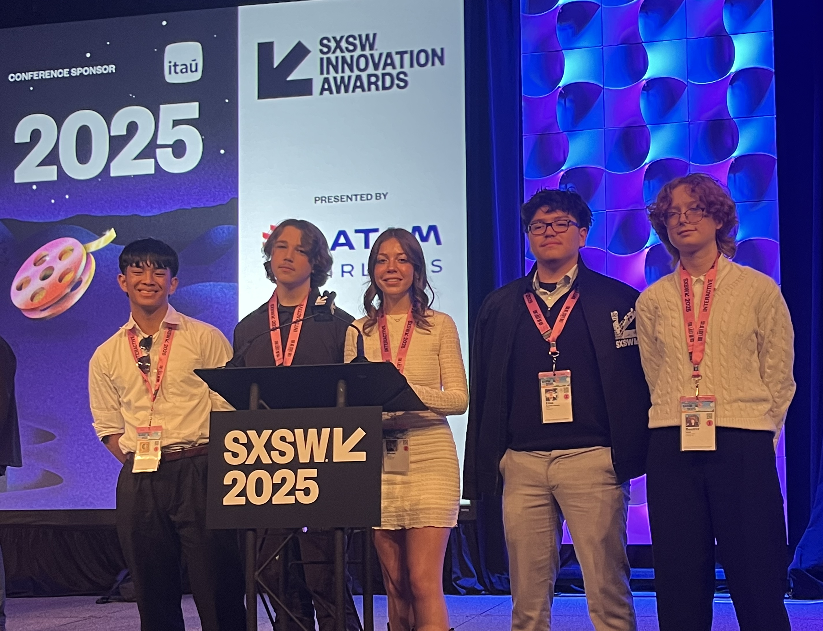 Five students on the Calistoga InvenTeam stand on stage at the SXSW Innovation Awards.