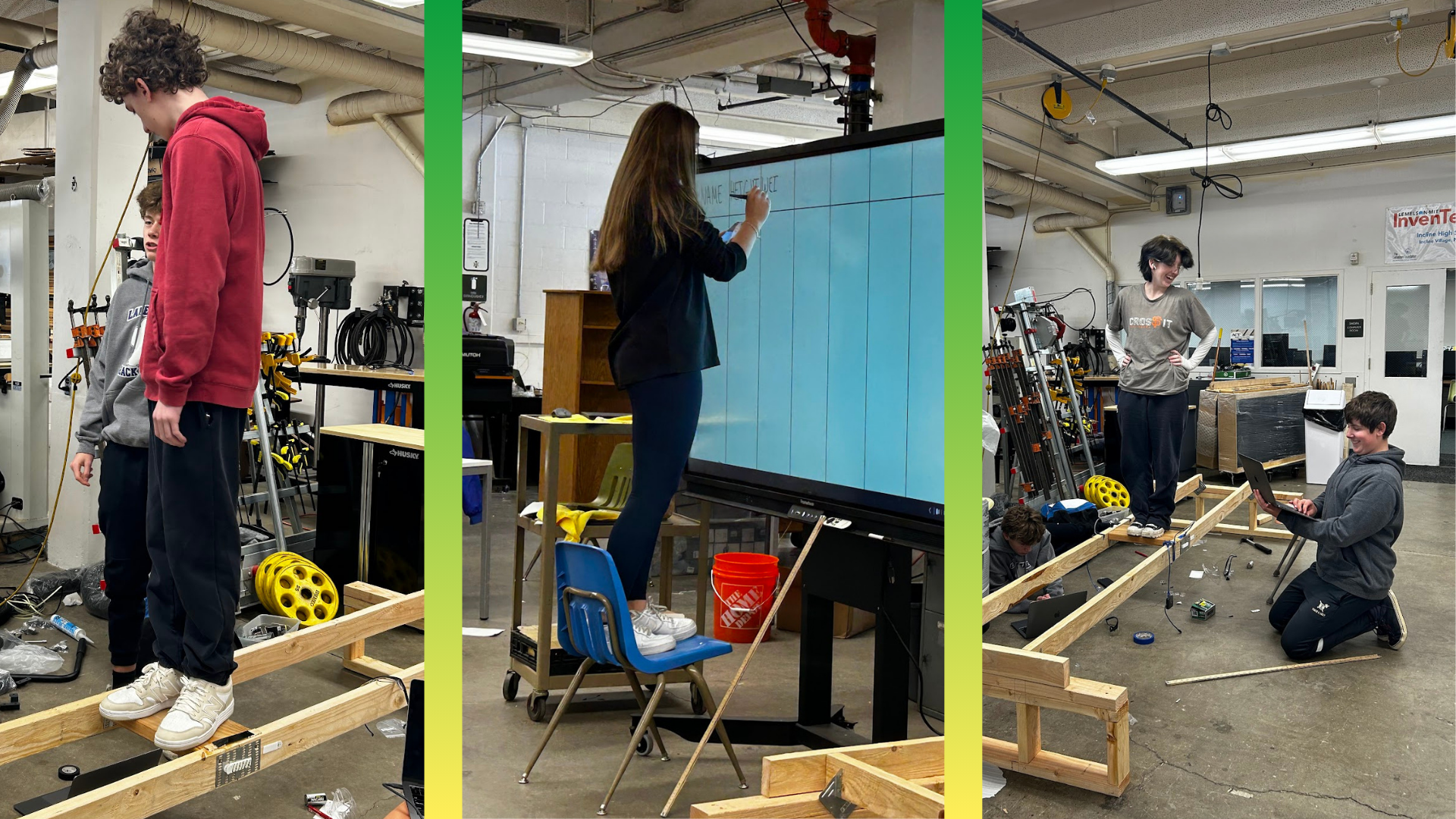 Three different images showcasing the Incline Village LMIT InvenTeam gathering data from their demonstration beam.