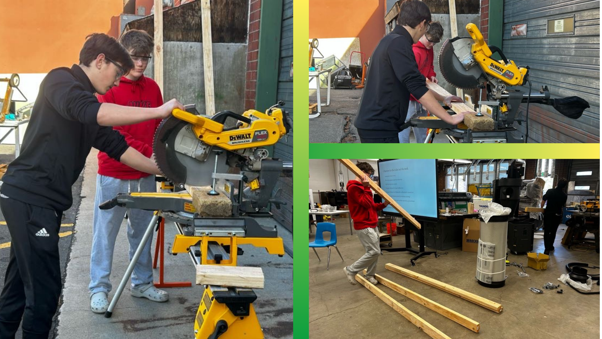 Two Incline Village LMIT Team Members using a circular saw to cut wood for our demonstration roof section.