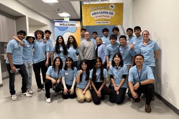 The Mira Loma HS InvenTeam, alongside mentor, Mark Westlake, advisors, Franco Canet and Coleen Kelly, and Invention Education Officer, Leigh Estabrooks, pose for a team picture.